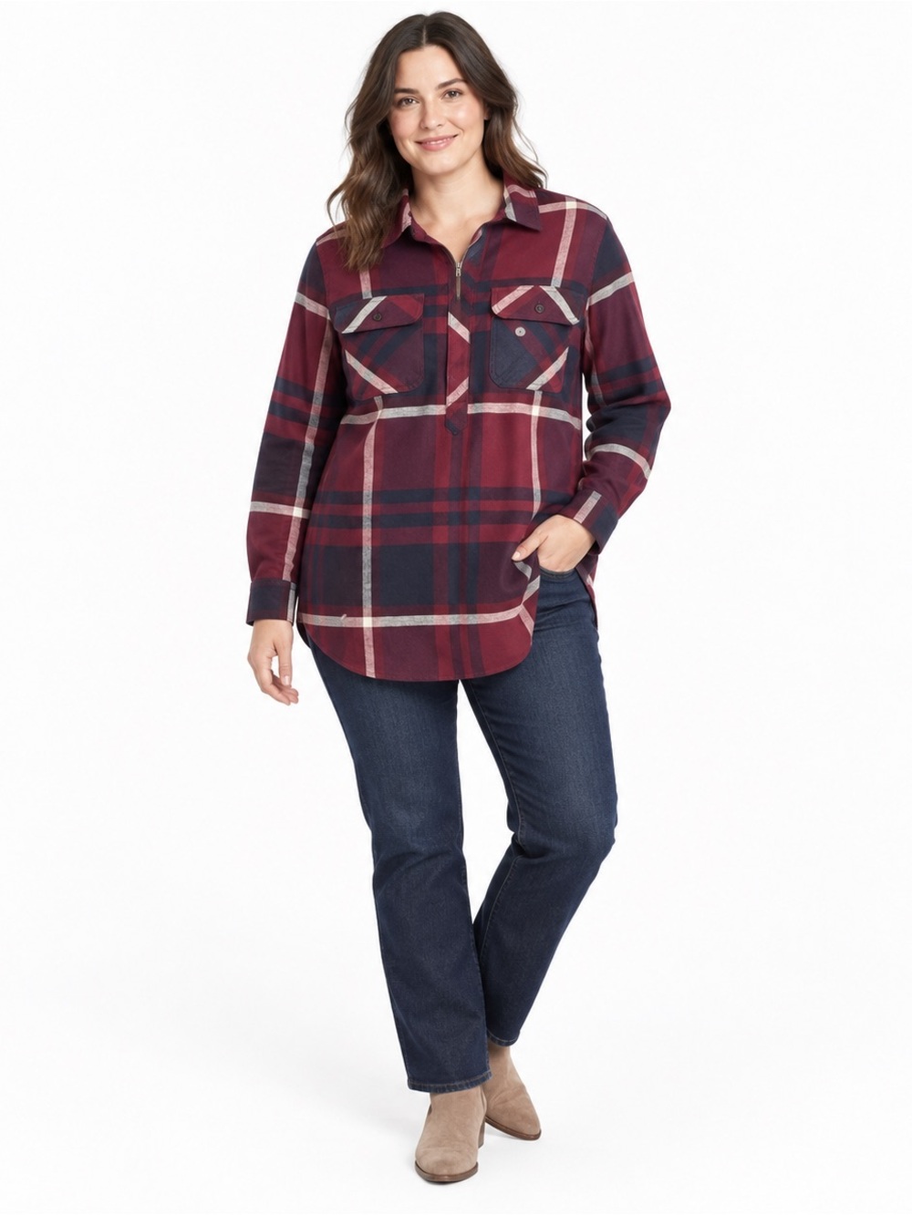 Eddie Bauer Large Dark Berry Plaid Half Zip Flannel Tunic NWT